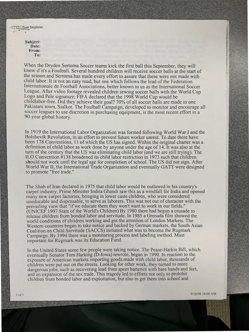 Photograph of a typed speech: Presentation on child labor and trade to the Dryden Sertoma Club, page 1.