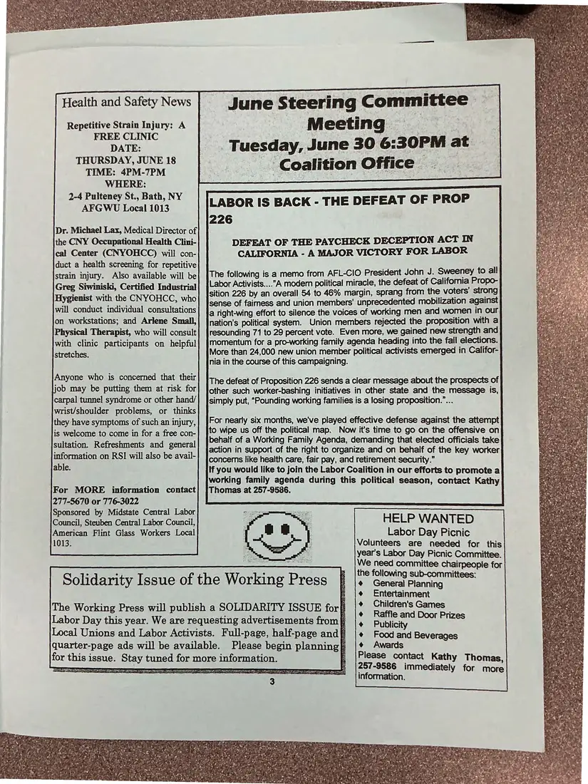 Photograph of a newsletter: The Working Press, Volume 1, Issue 6, June 1998: “Building the Road to Union Cities”, page 3.