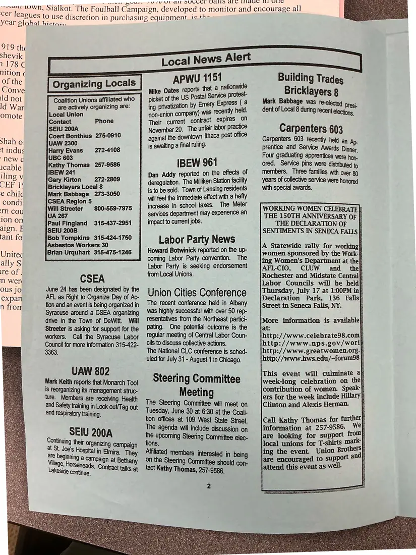 Photograph of a newsletter: The Working Press, Volume 1, Issue 6, June 1998: “Building the Road to Union Cities”, page 2.