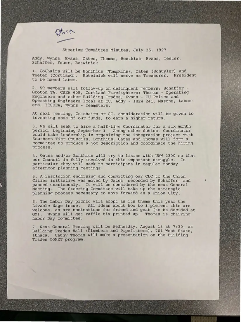 Photograph of a meeting minutes: Steering Committee minutes, July 15, 1997, page 1.