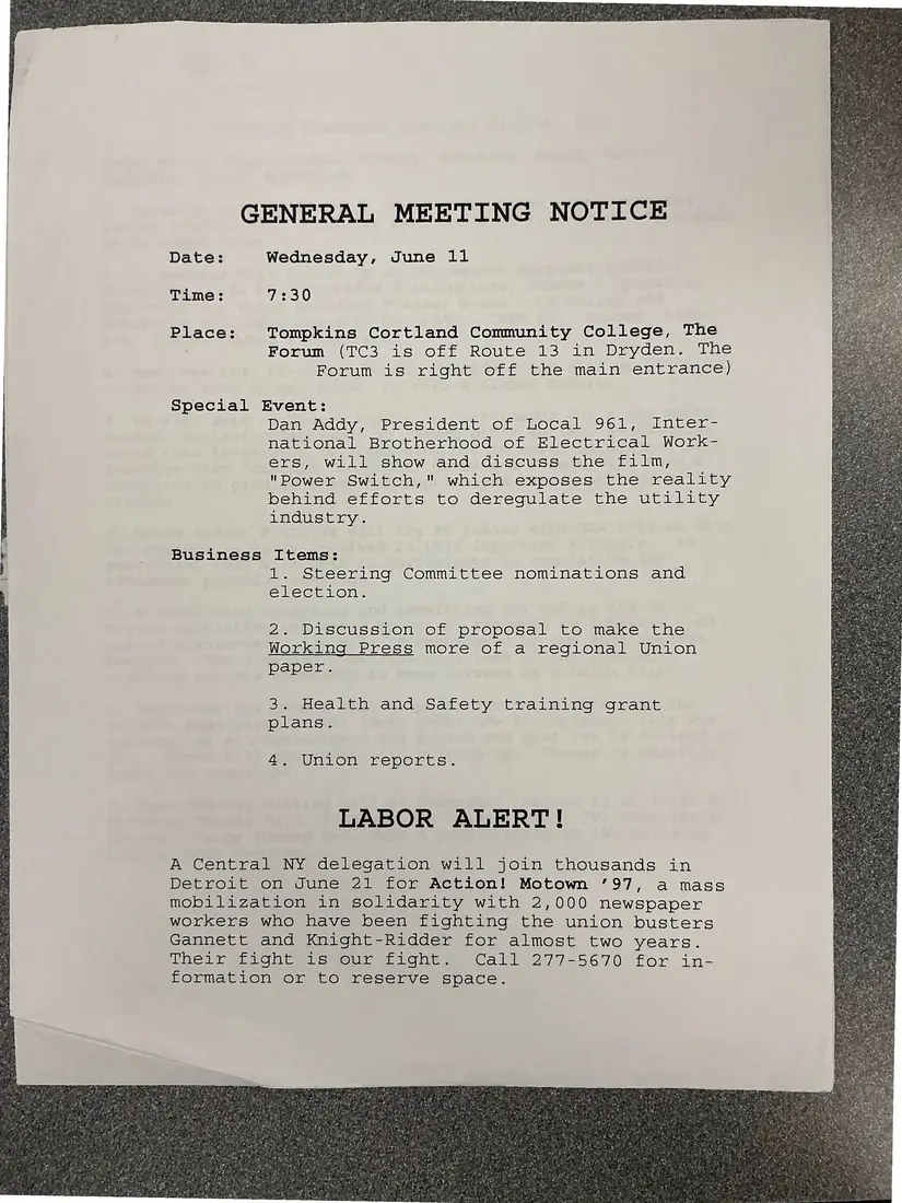 Photograph of a meeting notice: General meeting notice, June 11 [1997], with LABOR ALERT on Action! Motown '97, page 1.