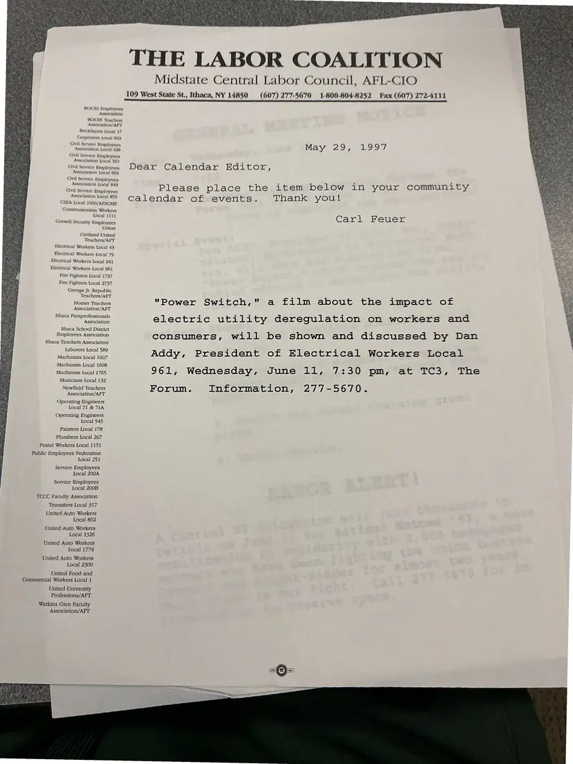 Photograph of a press release: Calendar listing request: “Power Switch” film on utility deregulation, page 1.