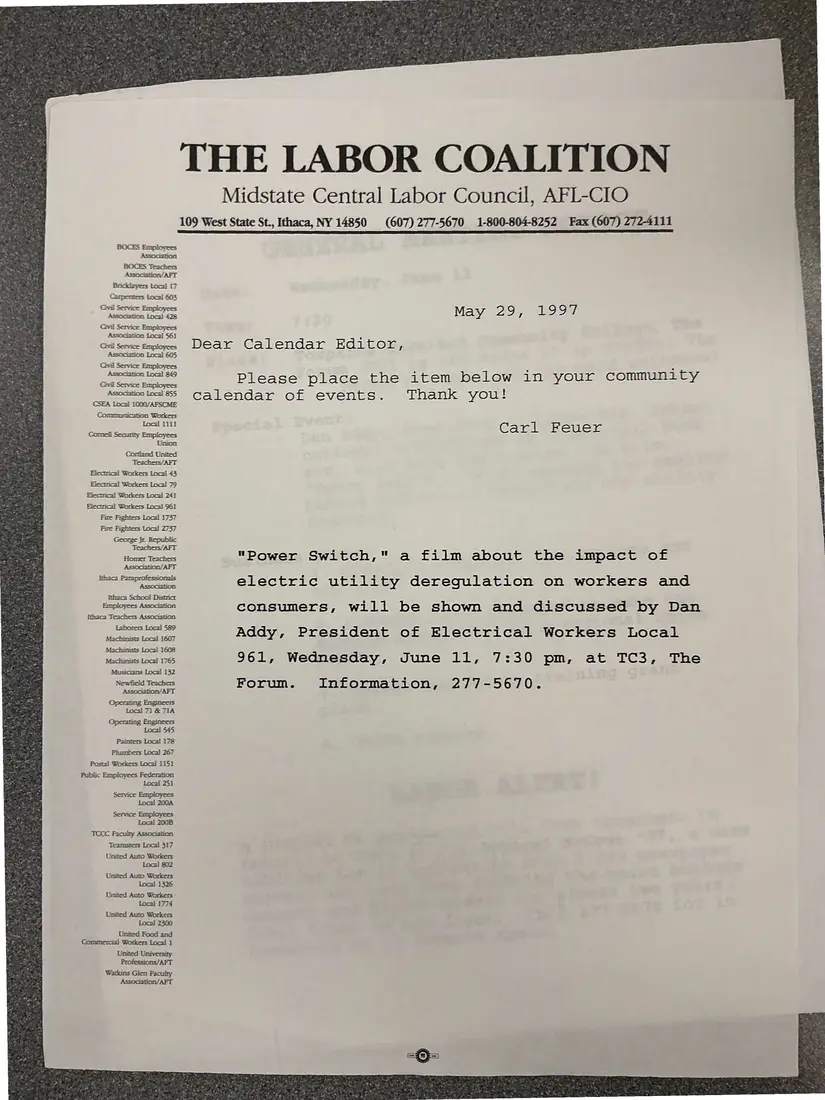 Photograph of a press release: Calendar listing request: “Power Switch” film on utility deregulation, copy 2.