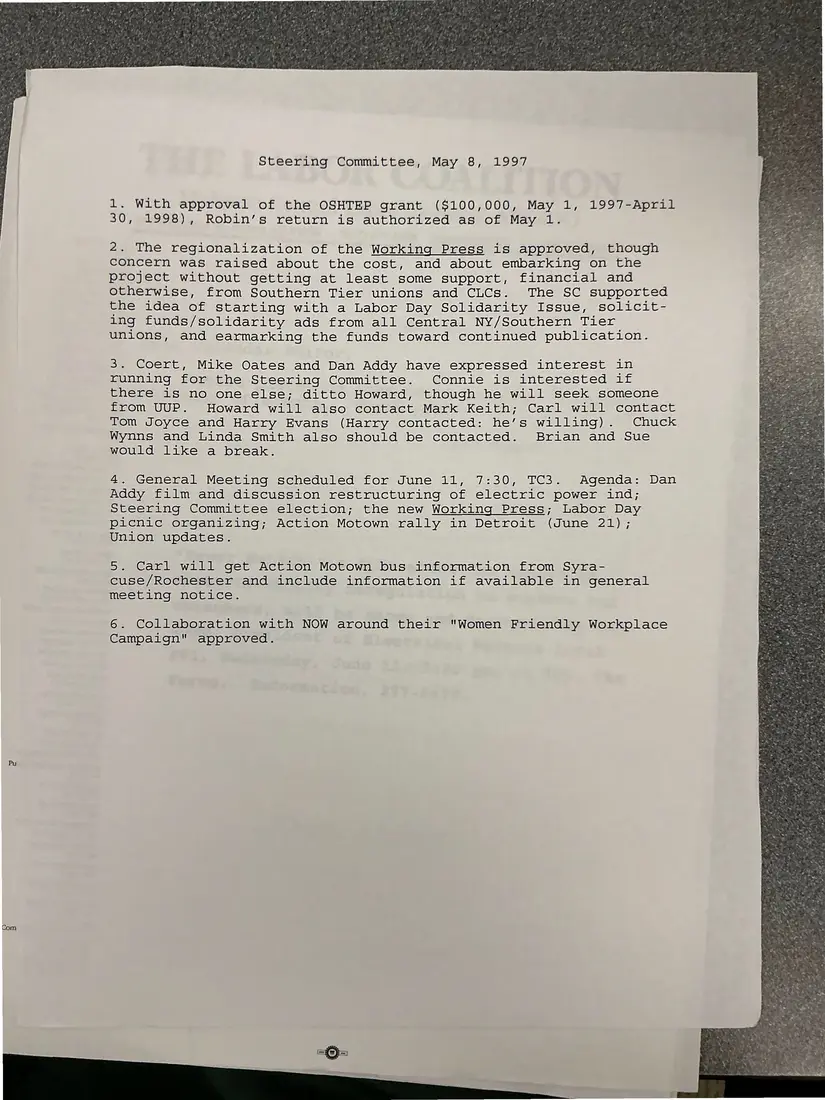 Photograph of a meeting minutes: Steering Committee minutes, May 8, 1997, page 1.