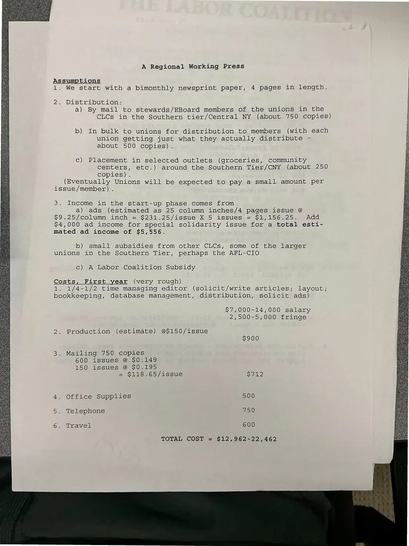 Photograph of a proposal: “A Regional Working Press”: proposal and budget, page 1.