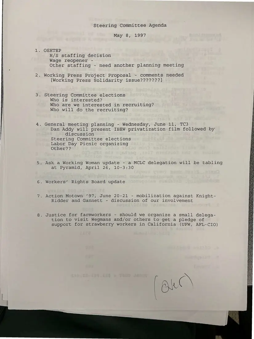 Photograph of a agenda: Steering Committee agenda, May 8, 1997, page 1.