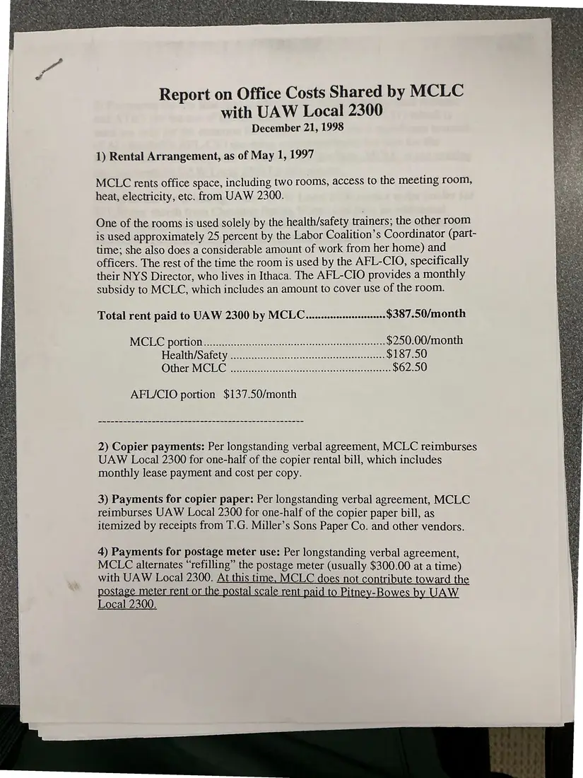Photograph of a report: Report on office costs shared by MCLC with UAW Local 2300, page 1.