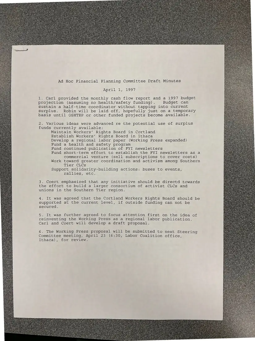 Photograph of a meeting minutes: Ad Hoc Financial Planning Committee draft minutes, April 1, 1997, page 1.