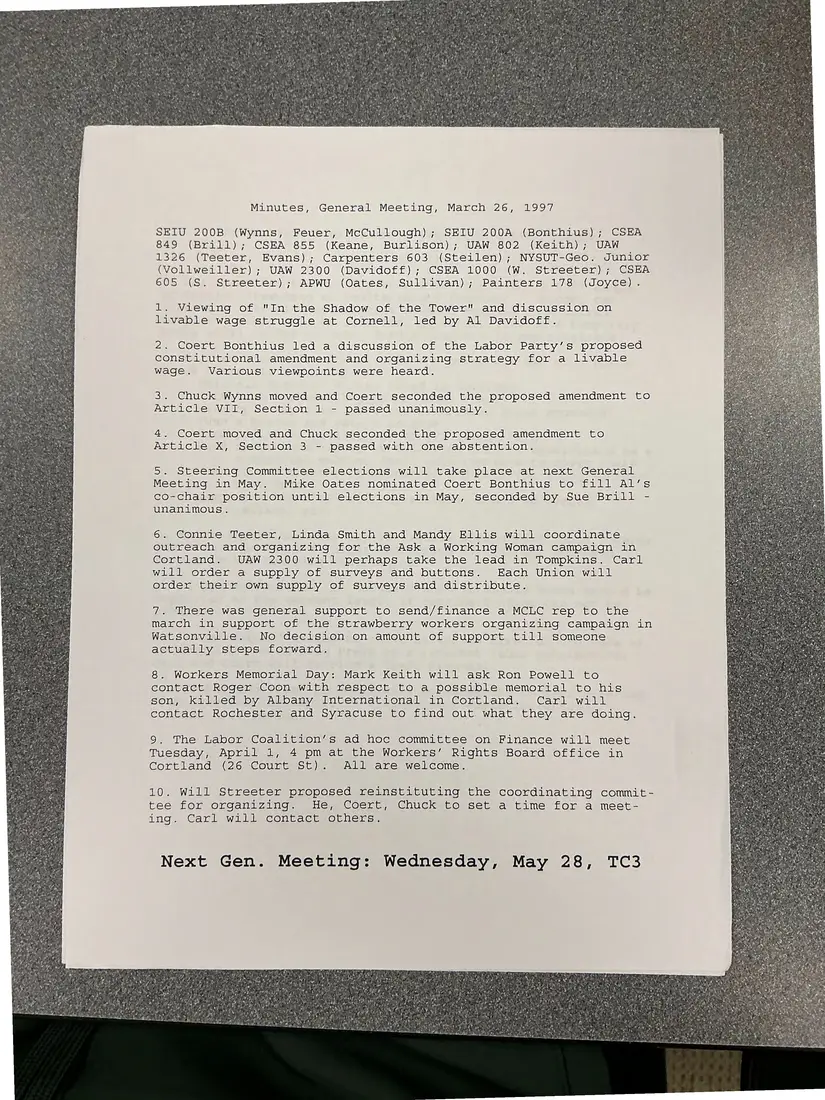 Photograph of a meeting minutes: Minutes, general meeting, March 26, 1997, page 1.