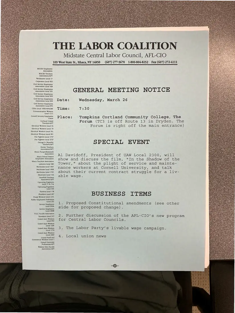 Photograph of a meeting notice: General meeting notice, March 26 [1997], with proposed constitutional amendments, page 1.