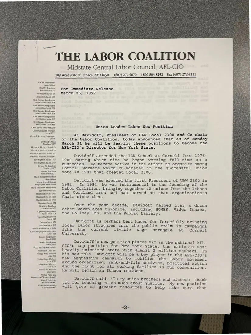 Photograph of a press release: Press release: “Union Leader Takes New Position” (Al Davidoff), page 1.