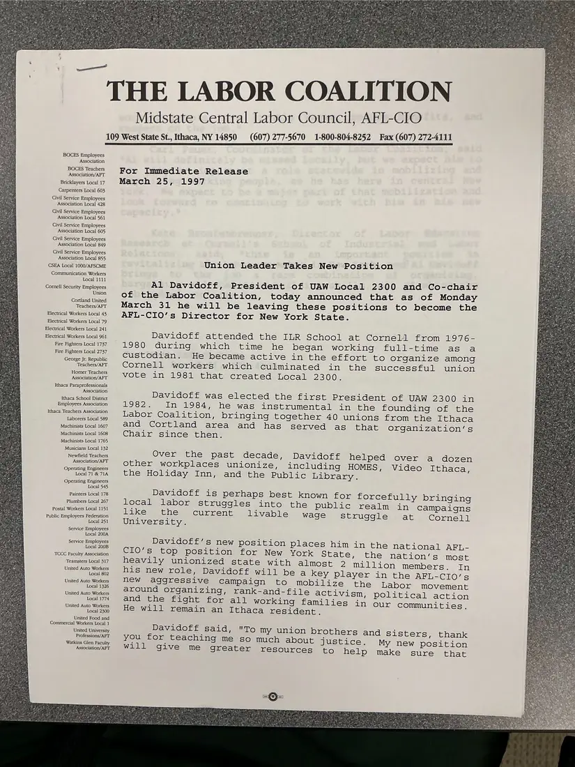 Photograph of a press release: Press release: “Union Leader Takes New Position” (Al Davidoff), copy 2.