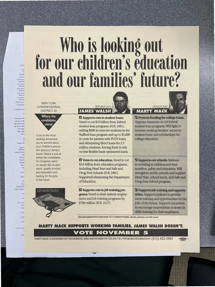 Photograph of a flyer: Election flyer: Marty Mack vs. James Walsh, NY-25 [1996], page 1.