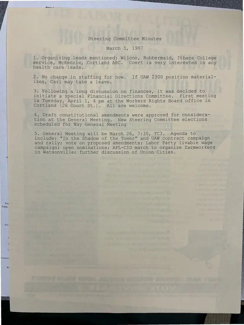 Photograph of a meeting minutes: Steering Committee minutes, March 5, 1997, page 1.
