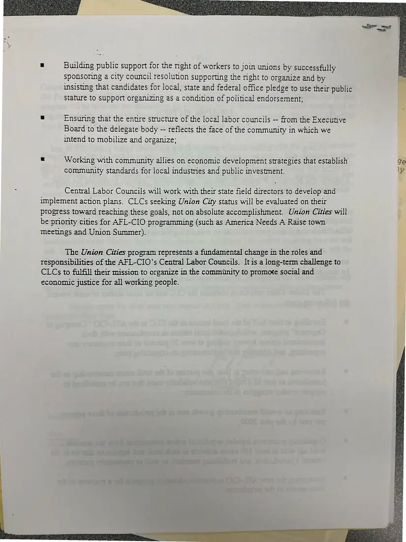 Photograph of a letter: John J. Sweeney to Al Davidoff on Union Cities, with “Union Cities: Equal Strong Communities”, page 4.