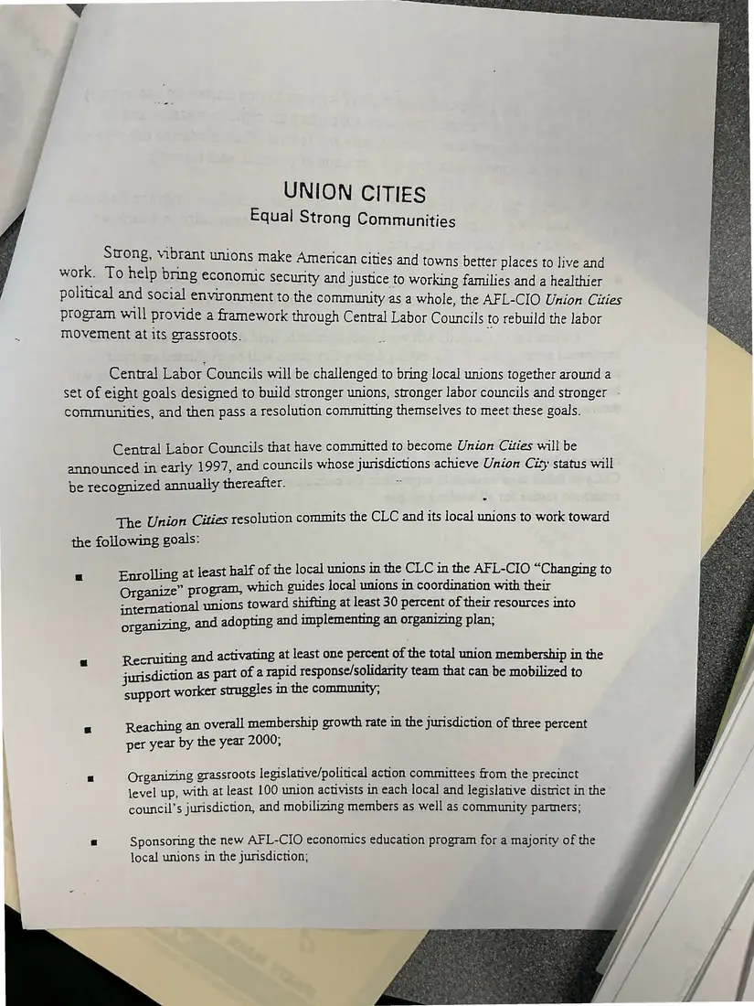 Photograph of a letter: John J. Sweeney to Al Davidoff on Union Cities, with “Union Cities: Equal Strong Communities”, page 3.