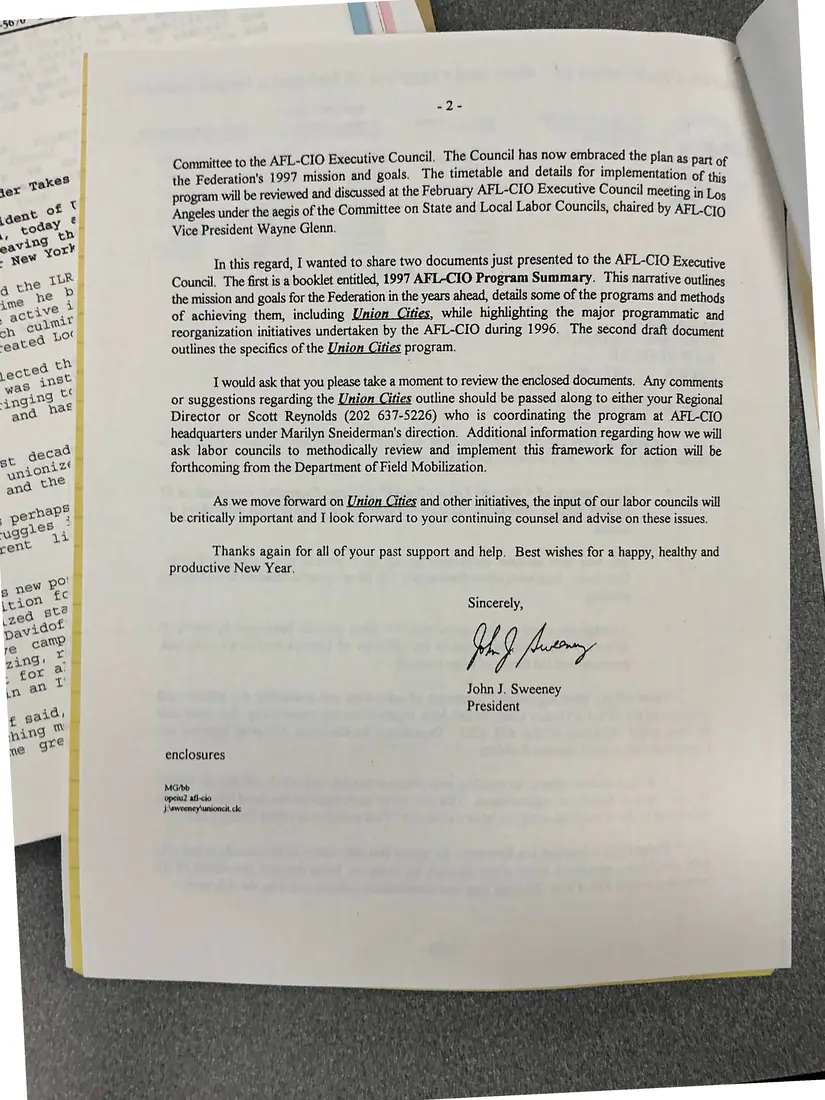 Photograph of a letter: John J. Sweeney to Al Davidoff on Union Cities, with “Union Cities: Equal Strong Communities”, page 2.