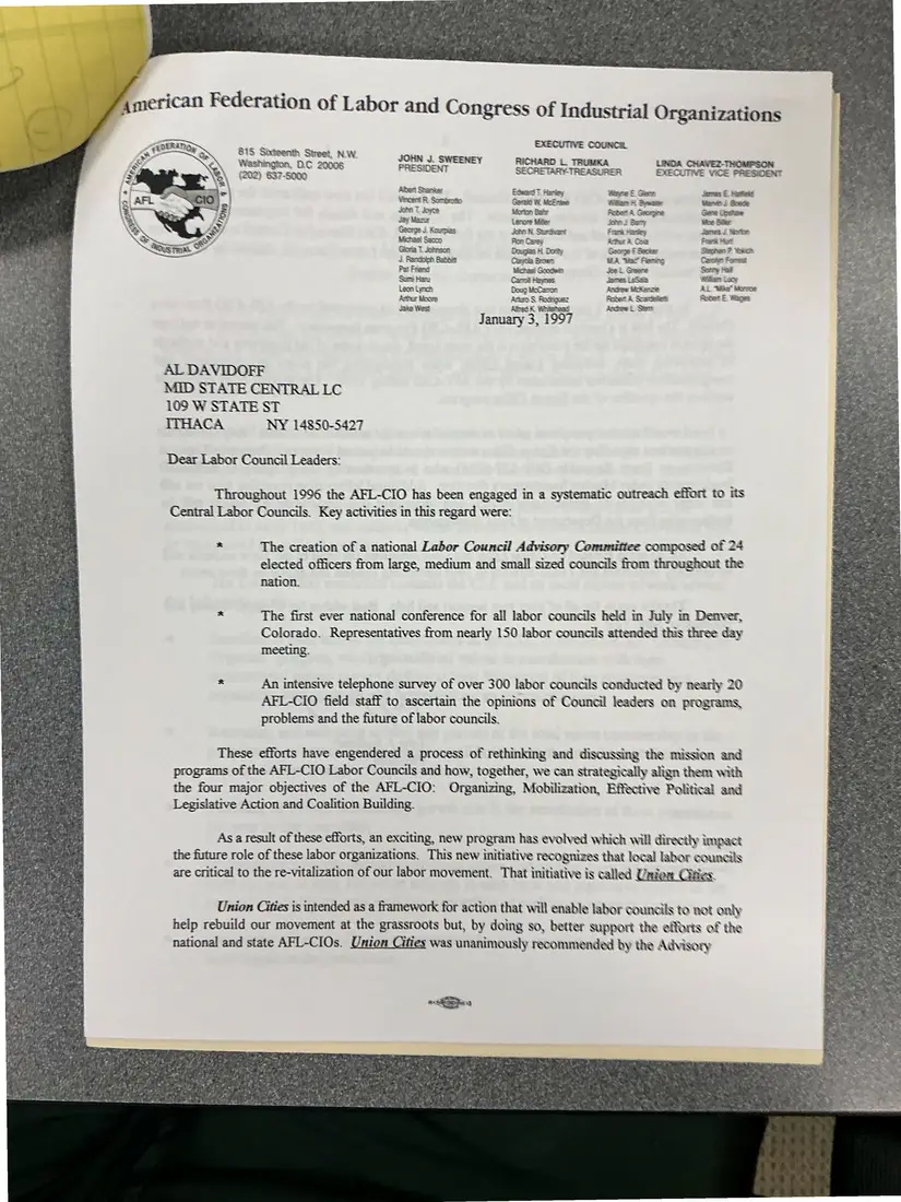 Photograph of a letter: John J. Sweeney to Al Davidoff on Union Cities, with “Union Cities: Equal Strong Communities”, page 1.