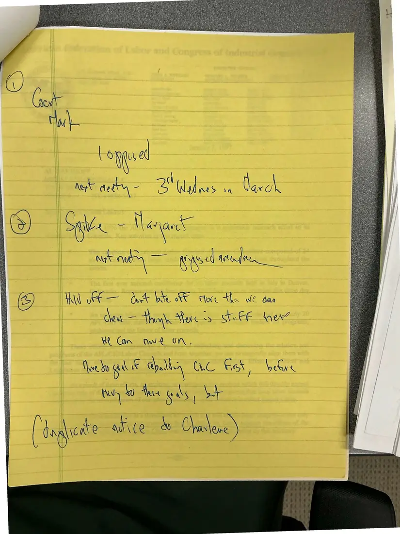 Photograph of a agenda: General meeting agenda, February 19 [1997], with handwritten notes, page 2.