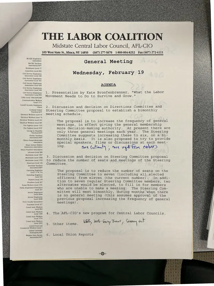 Photograph of a agenda: General meeting agenda, February 19 [1997], with handwritten notes, page 1.