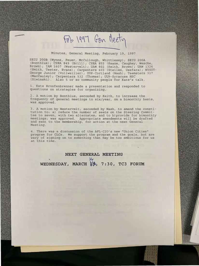 Photograph of a meeting minutes: Minutes, general meeting, February 19, 1997, page 1.