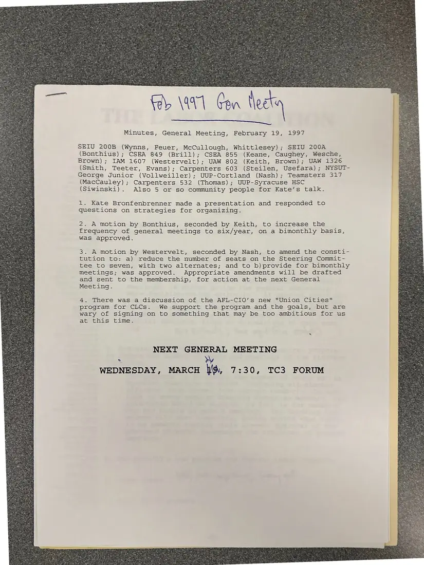 Photograph of a meeting minutes: Minutes, general meeting, February 19, 1997, copy 2.