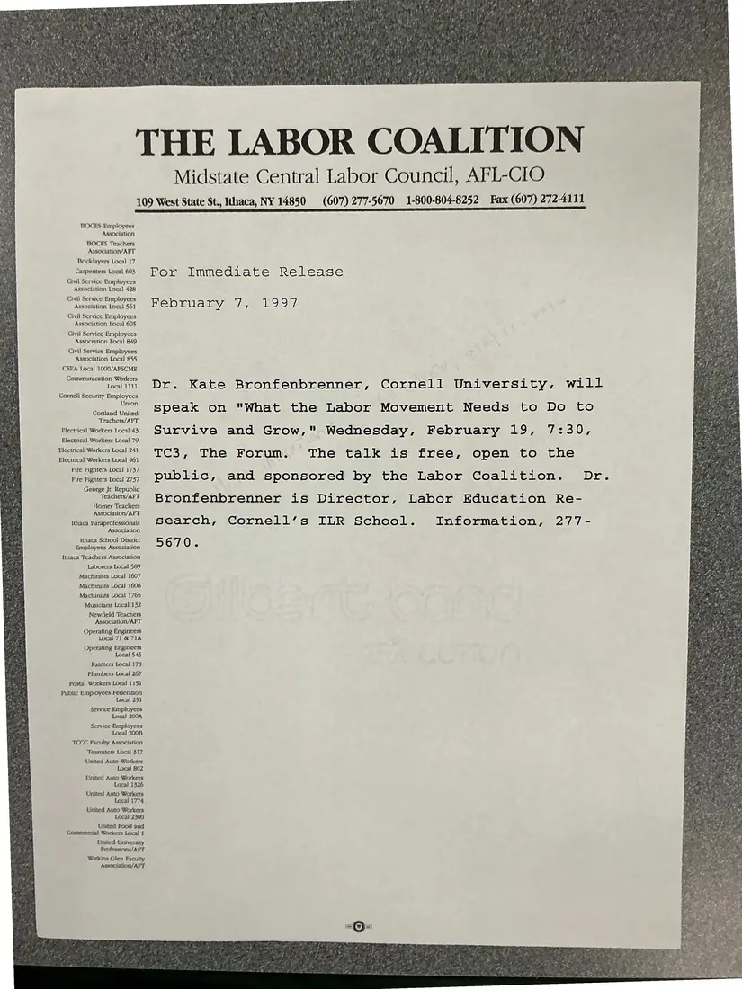 Photograph of a press release: Press release: Kate Bronfenbrenner to speak on “What the Labor Movement Needs to Do to Survive and Grow”, page 1.