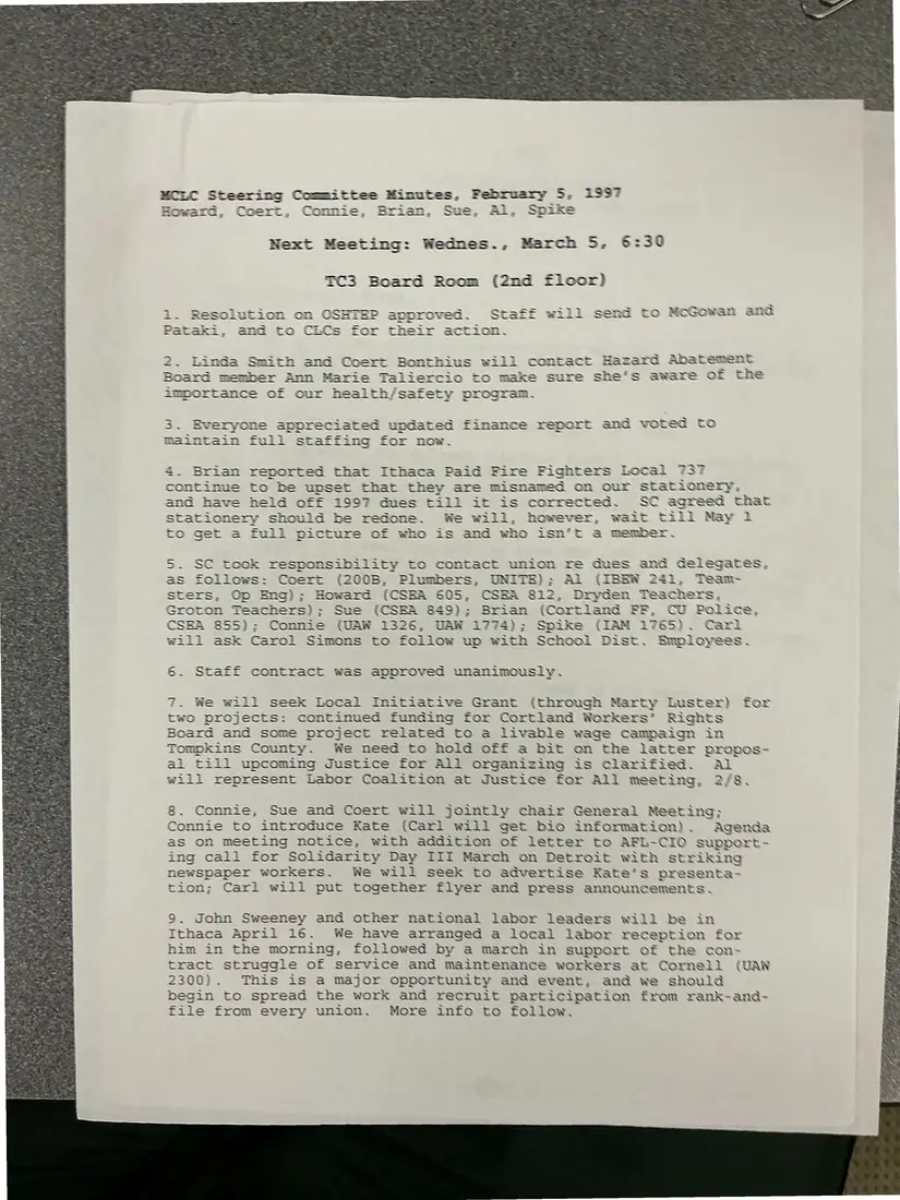 Photograph of a meeting minutes: MCLC Steering Committee minutes, February 5, 1997, page 1.