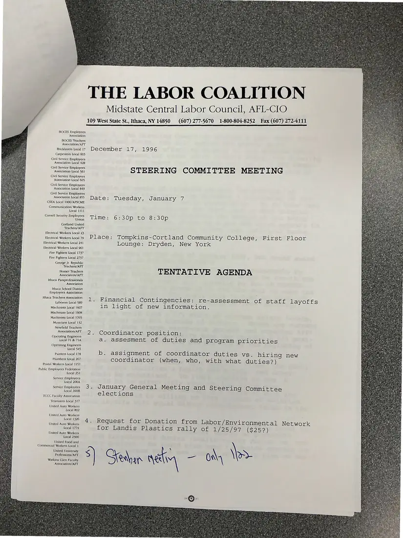 Photograph of a agenda: Steering Committee meeting agenda, January 7 [1997], page 1.