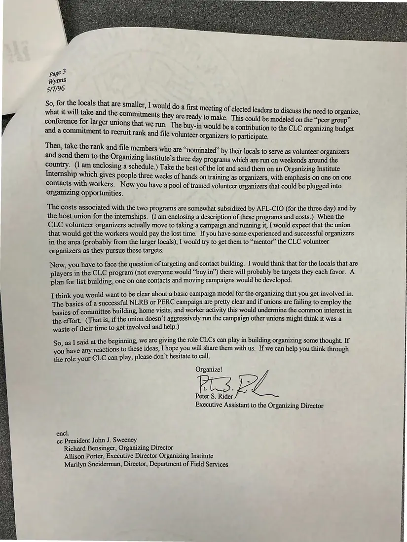Photograph of a letter: AFL-CIO Organizing Department response to Chuck Wynns's organizing proposal, page 3.