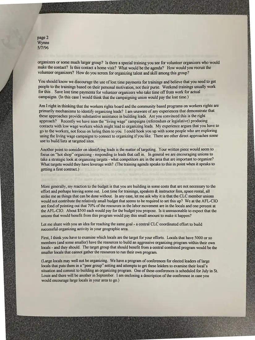 Photograph of a letter: AFL-CIO Organizing Department response to Chuck Wynns's organizing proposal, page 2.