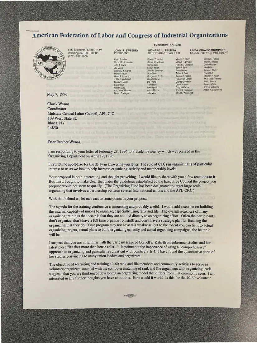 Photograph of a letter: AFL-CIO Organizing Department response to Chuck Wynns's organizing proposal, page 1.