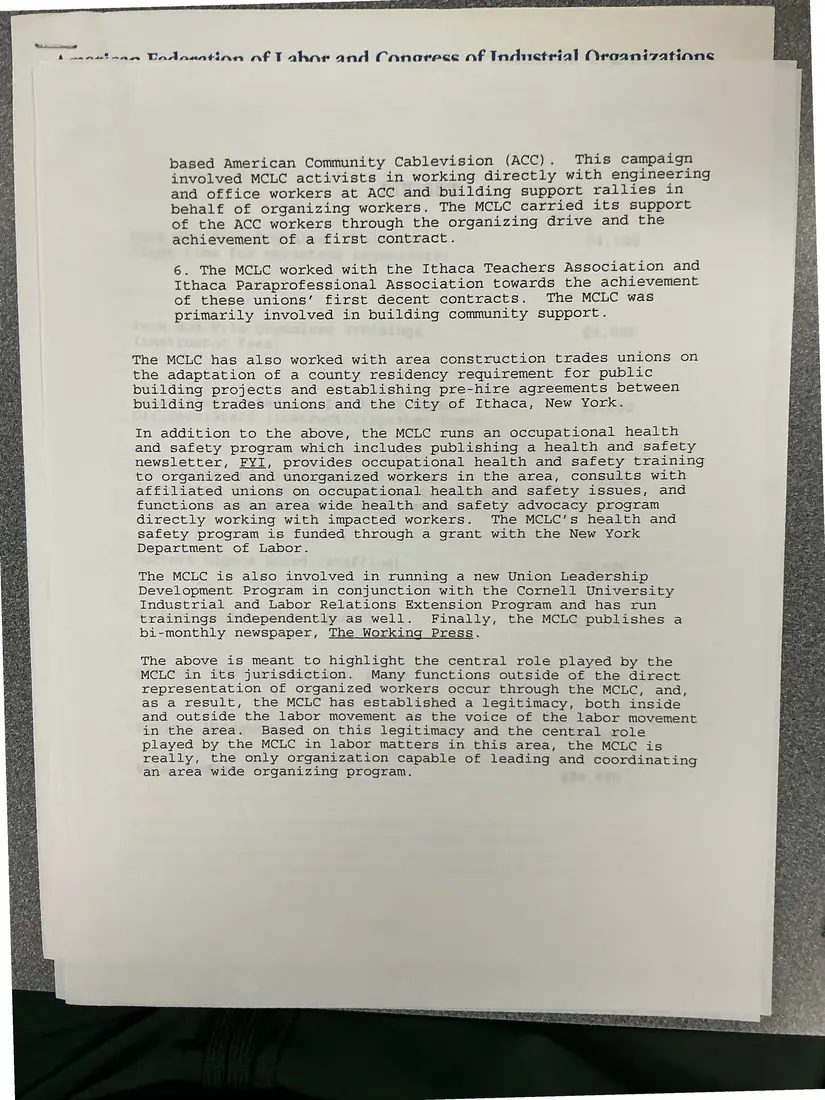 Photograph of a proposal: “A Comprehensive Organizing Program for South-Central New York”: grant proposal, page 6.