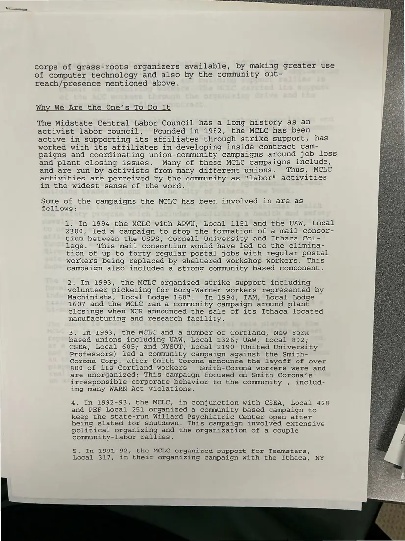 Photograph of a proposal: “A Comprehensive Organizing Program for South-Central New York”: grant proposal, page 5.