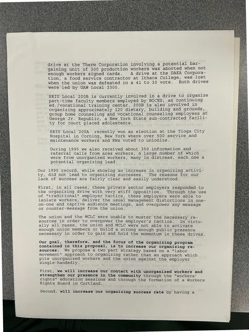 Photograph of a proposal: “A Comprehensive Organizing Program for South-Central New York”: grant proposal, page 4.