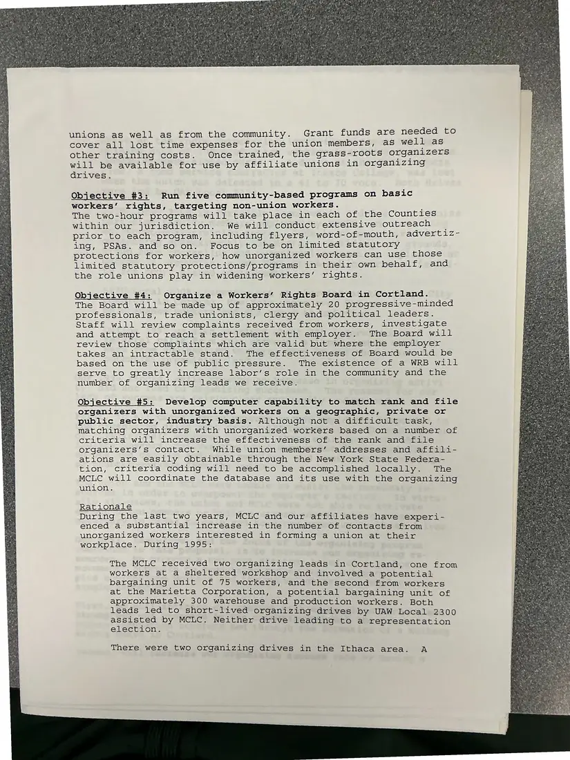 Photograph of a proposal: “A Comprehensive Organizing Program for South-Central New York”: grant proposal, page 3.