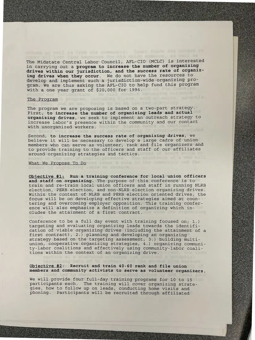 Photograph of a proposal: “A Comprehensive Organizing Program for South-Central New York”: grant proposal, page 2.