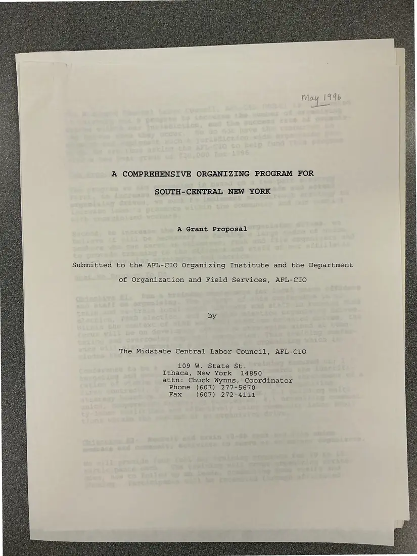 Photograph of a proposal: “A Comprehensive Organizing Program for South-Central New York”: grant proposal, page 1.