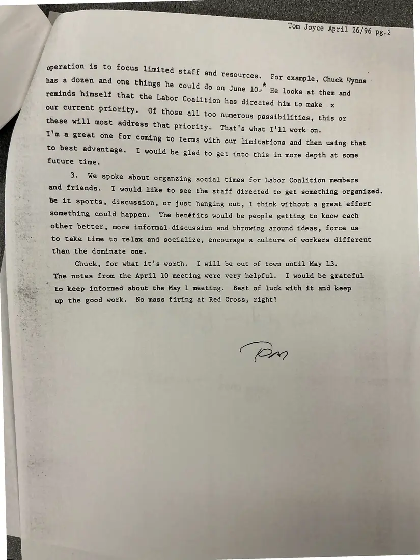 Photograph of a letter: Tom Joyce to Chuck Wynns: thoughts for the Directions Committee, page 2.