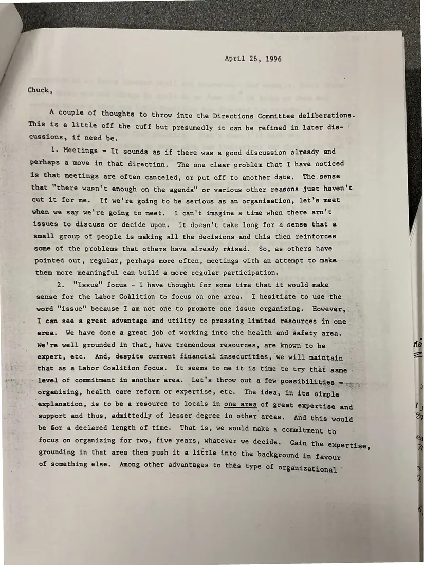 Photograph of a letter: Tom Joyce to Chuck Wynns: thoughts for the Directions Committee, page 1.