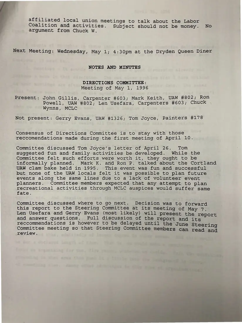 Photograph of a meeting minutes: Directions Committee notes and minutes, April 10 and May 1, 1996, page 3.