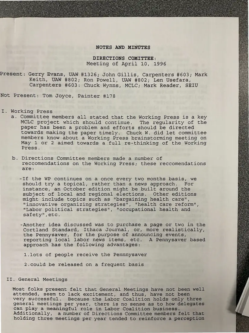 Photograph of a meeting minutes: Directions Committee notes and minutes, April 10 and May 1, 1996, copy 2.