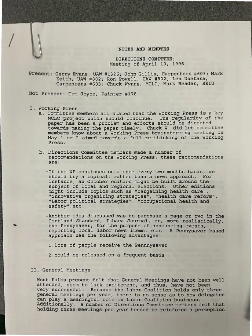 Photograph of a meeting minutes: Directions Committee notes and minutes, April 10 and May 1, 1996, page 1.