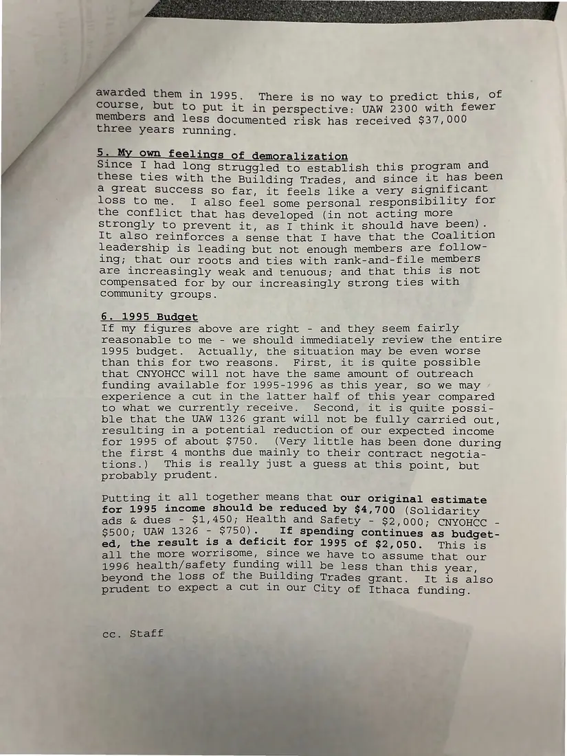 Photograph of a memorandum: Memo: “Casualties” of the conflict between the Building Trades and the Labor Coalition, page 2.