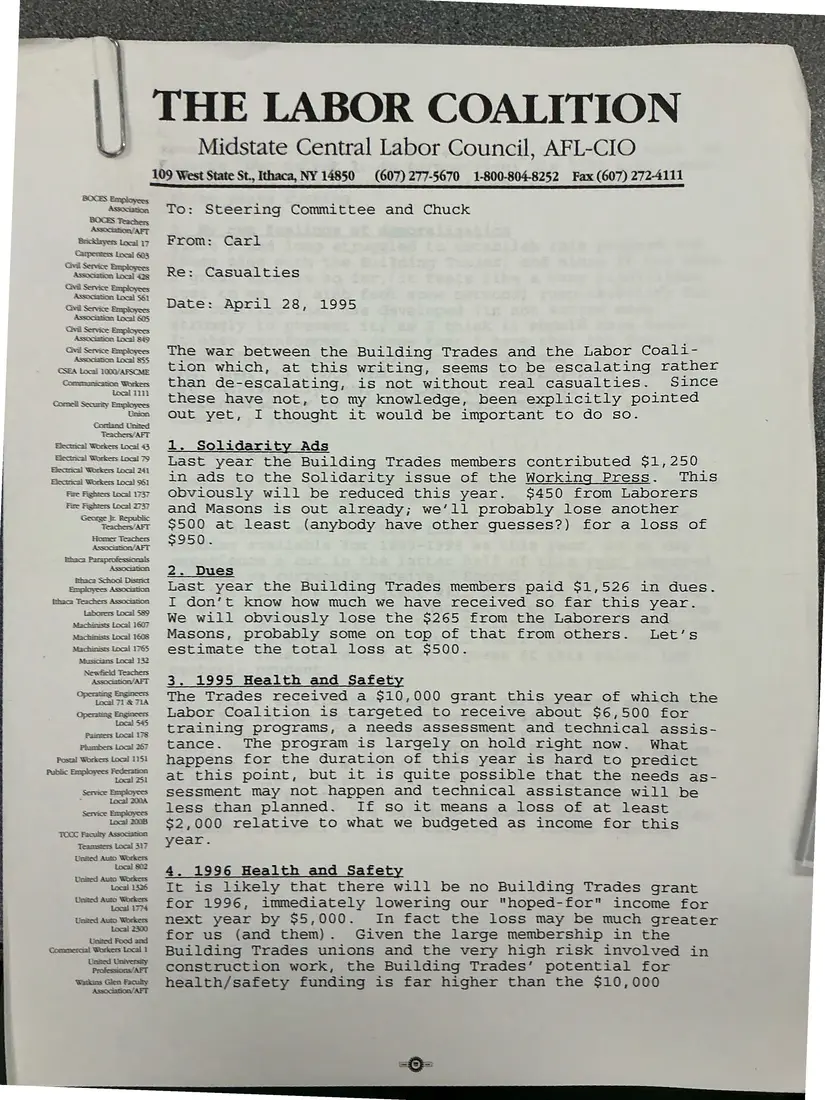Photograph of a memorandum: Memo: “Casualties” of the conflict between the Building Trades and the Labor Coalition, page 1.