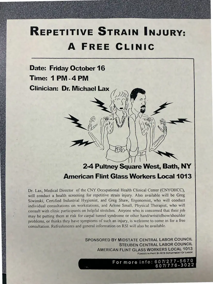 Photograph of a flyer: “Repetitive Strain Injury: A Free Clinic” flyer, Bath, New York, page 1.