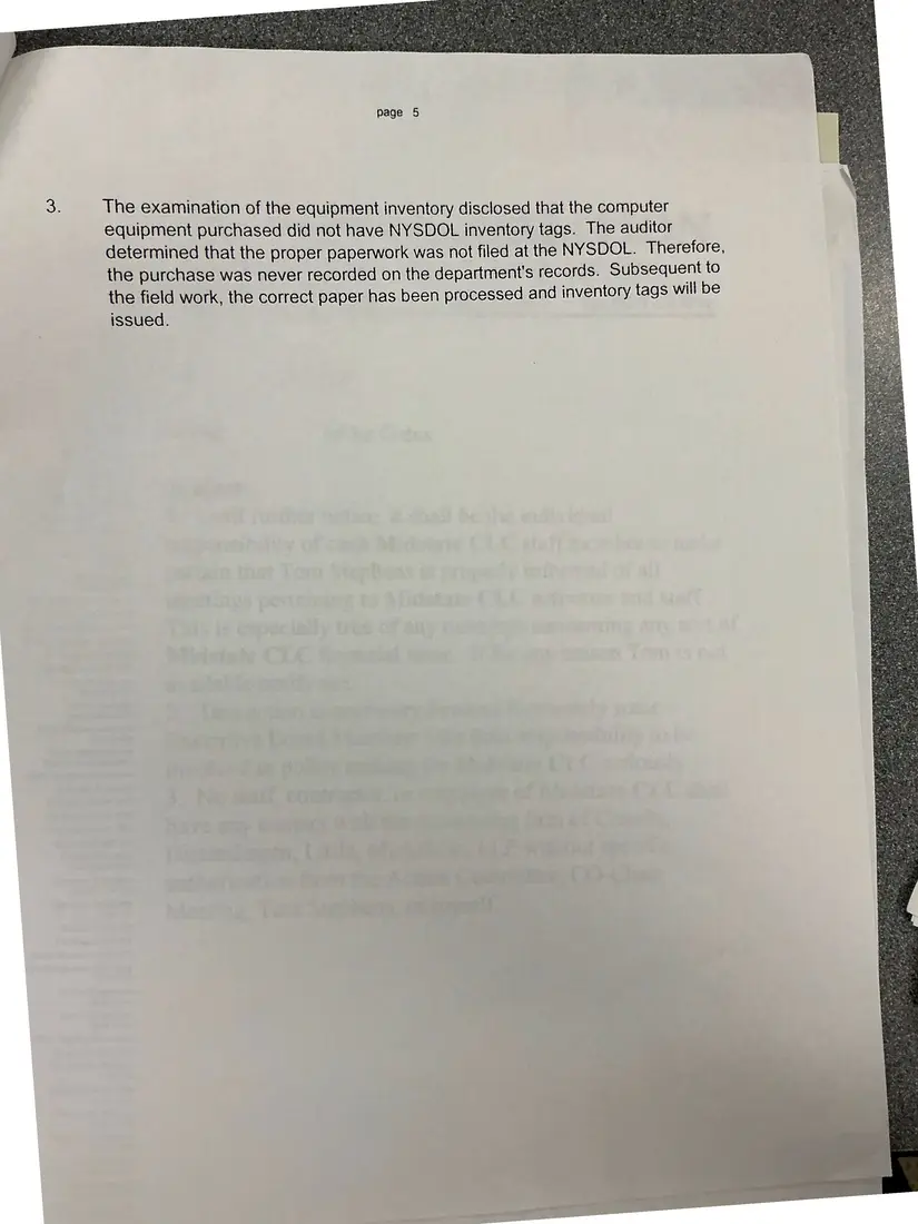 Photograph of a report: New York State Department of Labor audit findings (pages 4–5), page 2.