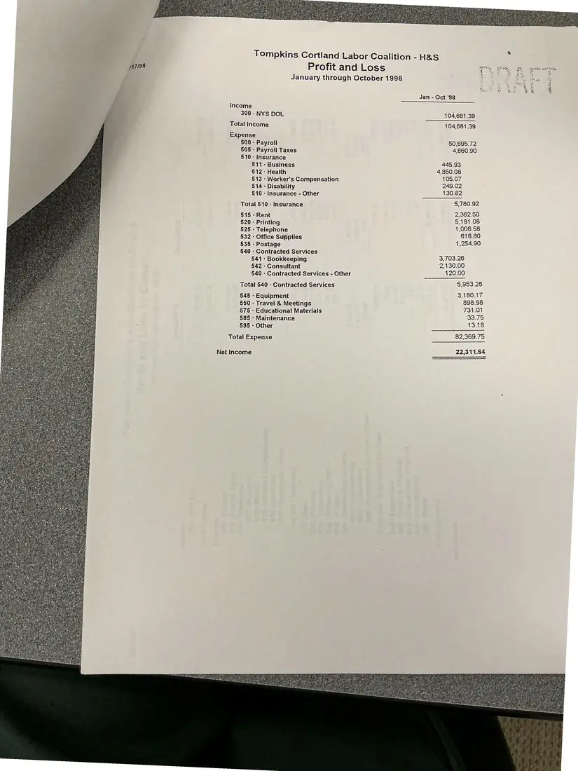 Photograph of a financial report: Labor Coalition Health & Safety Fund: profit and loss and balance sheet, 1998 (drafts), page 2.