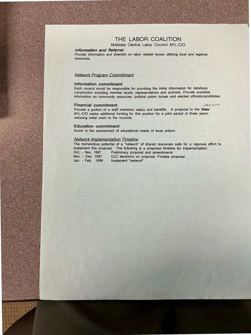 Photograph of a proposal: “Central Labor Council Network Proposal” (blue copy), page 2.