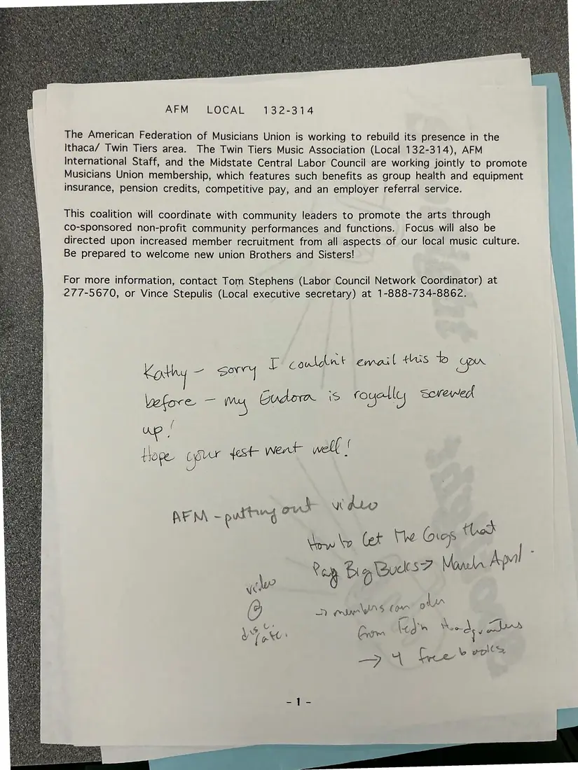 Photograph of a press release: AFM Local 132-314 announcement, with note to the newsletter editor, page 1.